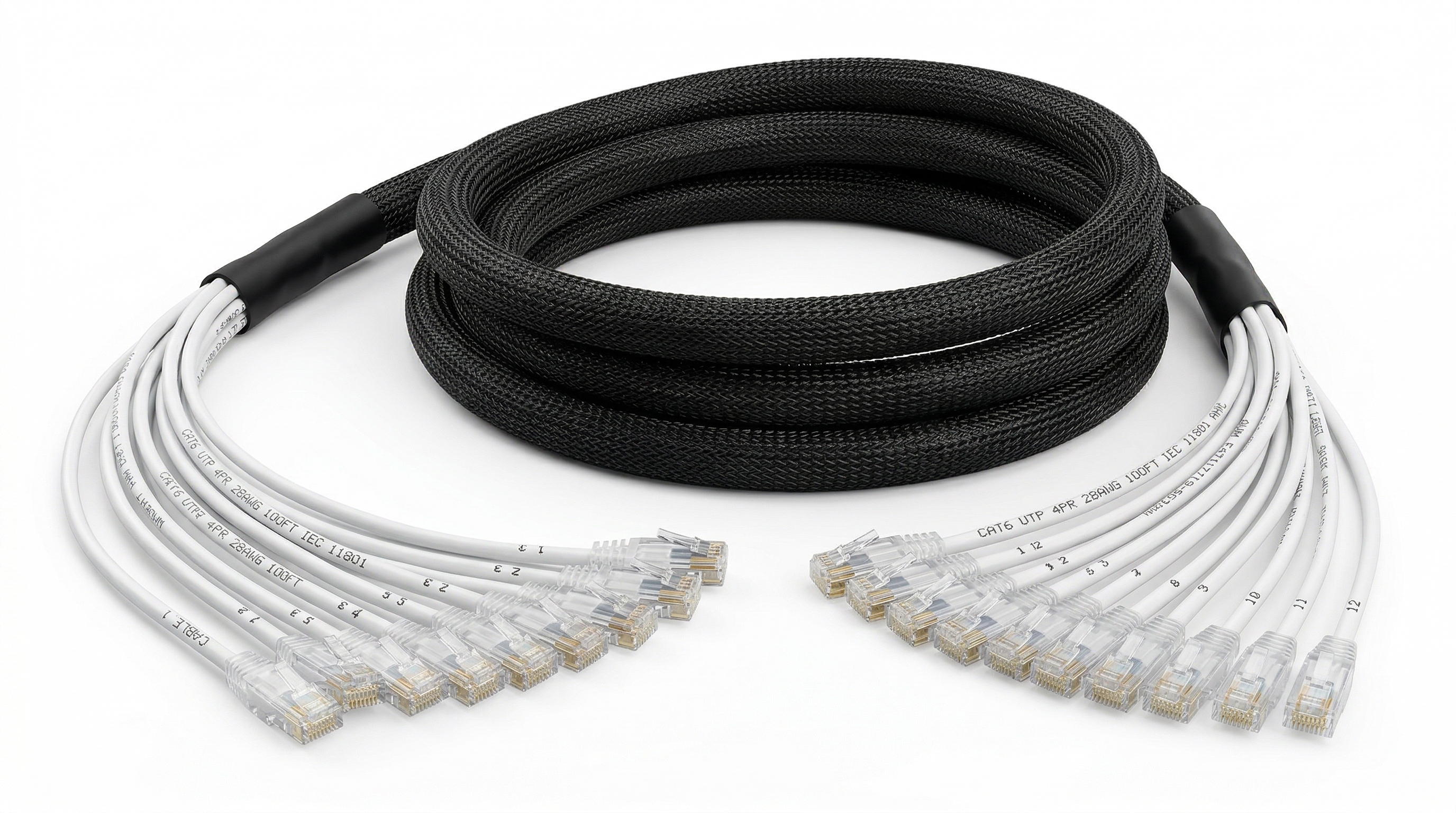 Copper cable bundle with PET braided sleeving and Cat6 patch cords